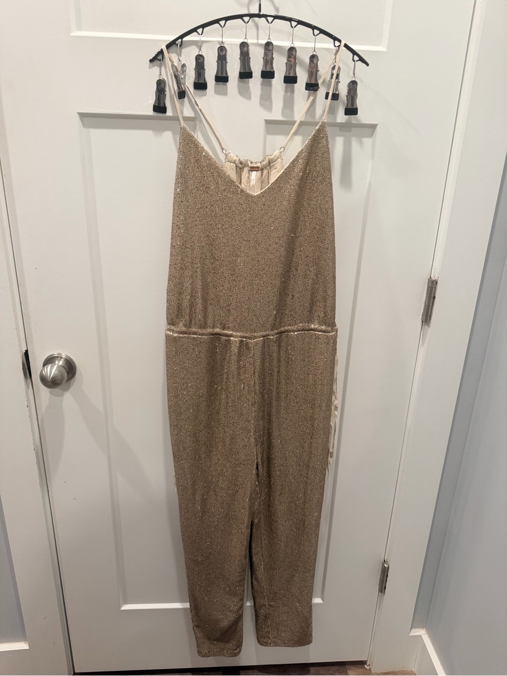 Free People Champagne Gold Sequin Jumpsuit Size S Party Holiday